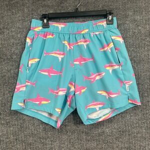 Maamgic Swim Trunks Mens Medium Turquoise Pink Shark Print Good 5 Inch Inseam